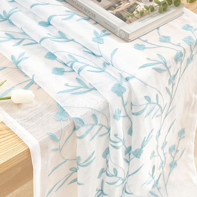White Embroidery Sheer Curtains White-Blue 95 Inches, Floral Window Treatments Rod Pocket Drapes for Living room, Bedroom, Semi Voile Curtain Panels for Yard, Patio, Villa, Parlor, Set of 2, 52"x 95".