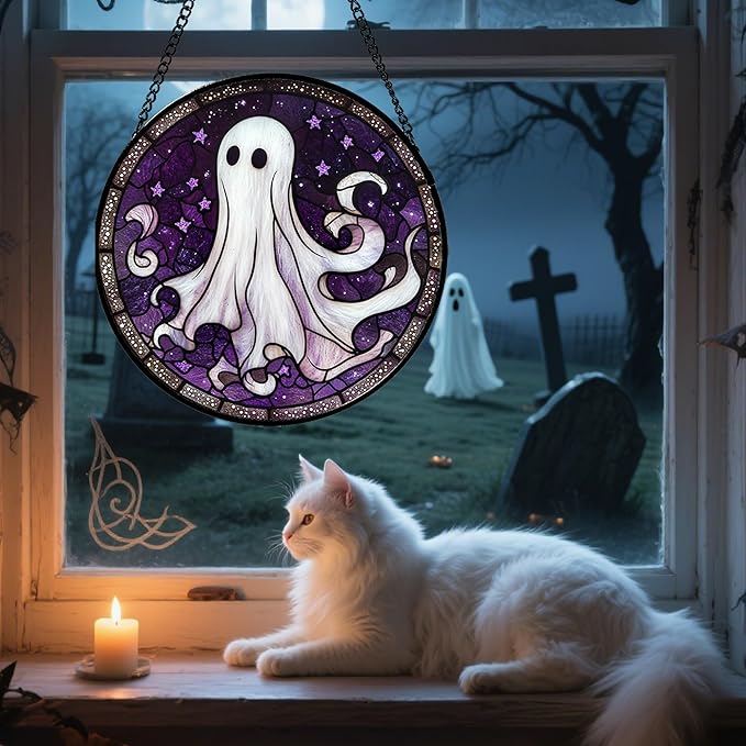 Stained Glass Window Hanging - Halloween Decorations White Ghost Purple Stars Suncatcher for Doors Garden Spooky Funny Sun Catchers Gothic Decor Horror Gifts for Women Men Friend 9.8 in