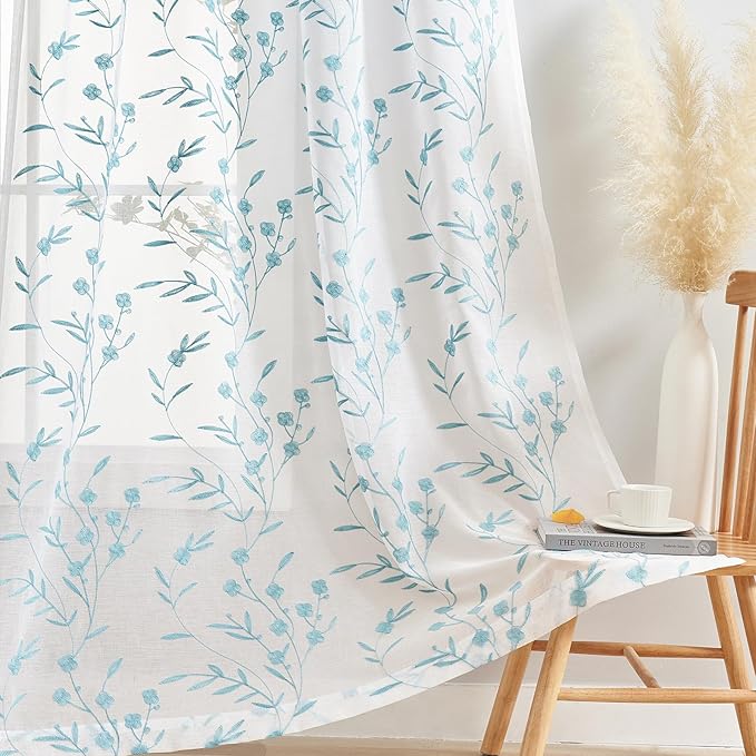 Sheer Curtains White-Blue Embroidery 63 Inch Length Rod Pocket Voile Drapes for Living room, Bedroom, Window Treatments Semi Flower Pattern Curtain Panels for Yard, Farmhouse, Set of 2, 52"x 63".