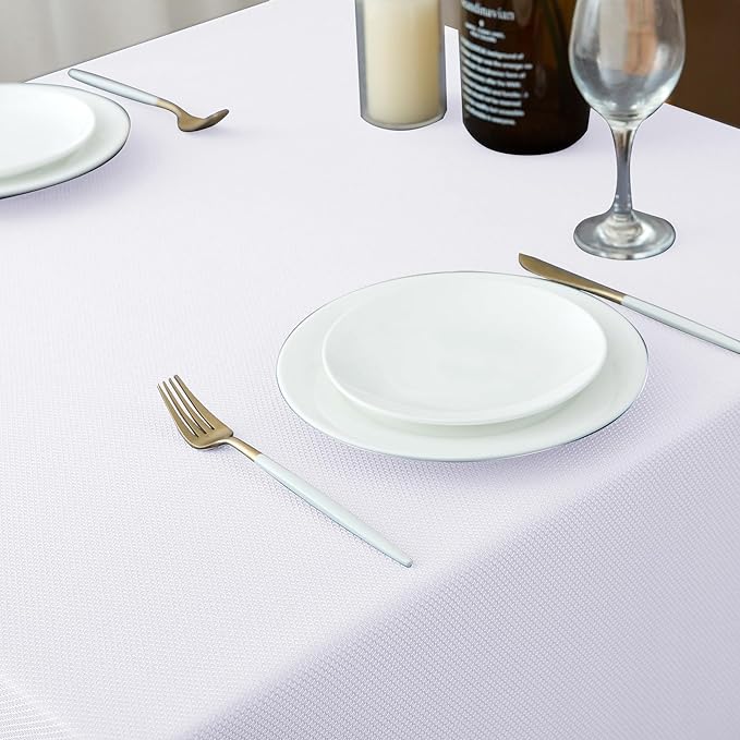 Biscaynebay Textured Fabric Tablecloths 70x120 Inches Rectangular, White Water Resistant Tablecloths for Dining, Kitchen, Wedding and Parties etc. Machine Washable