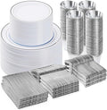 BESTVIP 600PCS Silver Dinnerware Set for 100 Guests, Plastic Plates for Party, 100 Silver Disposable Plates, 100 Dessert Plates, 100 Cups, 100 Spoons, 100 Forks and 100 Knives