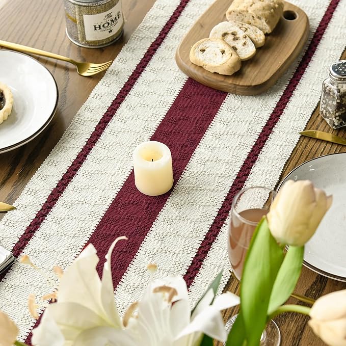 Artoid Mode Red Farmhouse Woven Rustic Table Runner, Seasonal Holiday Hollow Kitchen Dining Table Decoration for Home Party Decor 12x120 Inch