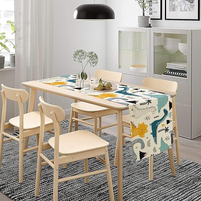 Cartoon Dinosaur Table Runner,Kids Boys Cute Various Dino Moutain Modern Abstract Print Tablecloth Burlap for Hotel Indoors Outdoor Dining Room Kitchen Holiday Party, 13x80in