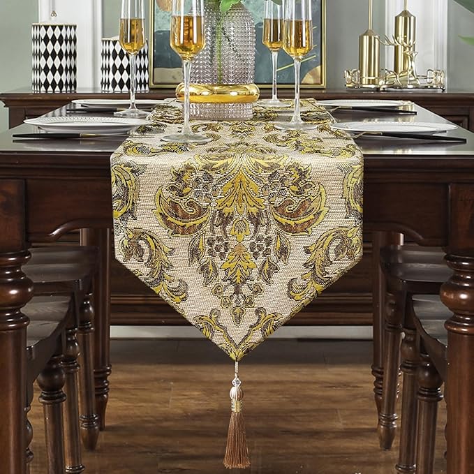 Vintage Table Runner European Royal Precision Embroidered Jacquard Luxury Thick Chenille Beige 13x98
