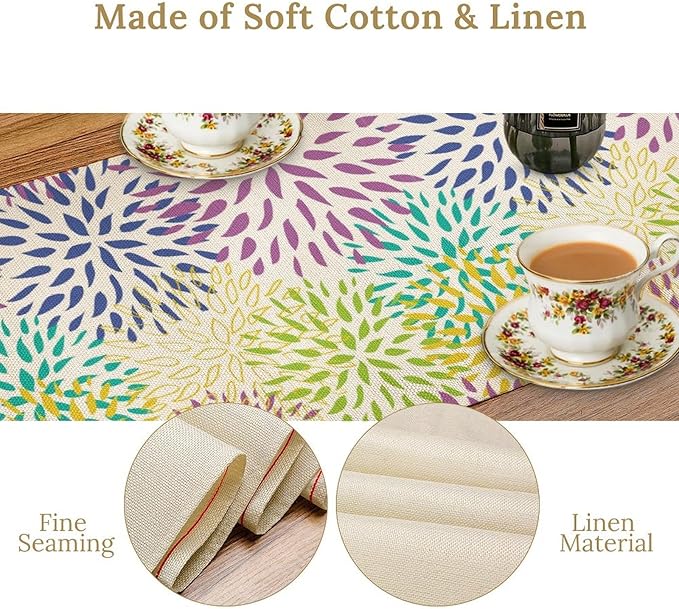 Purple Flowers Table Runner, Chrysanthemum Dahlia Vintage Modern Colorful Spring Summer Elegant Table Runner for Party Kitchen Dining Living Room Laundry Room Decor, 13x36 Inch