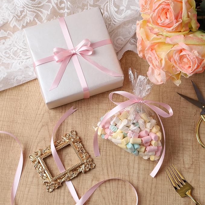 LaRibbons Light Pink Satin Ribbon 3/8 Inch 50 Yards Thin Luxury Double Faced Pink Silk Ribbon for Gift Wrapping Flower Bouquet Crafts Wedding BabyShower Decoration