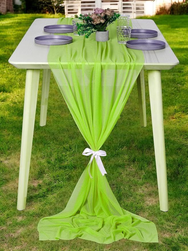 MDS 2 Pack 10ft Chiffon Table Runner 29 x 120 Inches Sheer Wedding Runner Romantic Rustic Table Runner for Wedding Decorations, Birthday Parties, Bridal Shower Party Arch Decor - Parrot Green