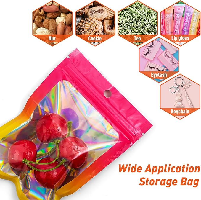 Funfery 100 Pack Gradient Holographic Bags,Mylar Resealable Bags with Zipper,Clear Window Packaging Pouchs,Smell Proof Bag for Food Storage,Sample Jewelry Bag(6.3x9.4In,Hot Pink Orange)