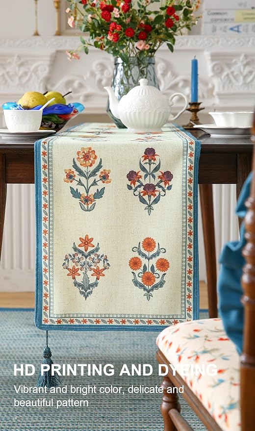 ISAENNE Designer Light Green Linen Table Runner 71 Inches Long,French Floral Patterns Elegant Table Runner for Dining Tables,Thanksgiving,Kitchen Tables,Christmas,12"*71"-Floralsea B