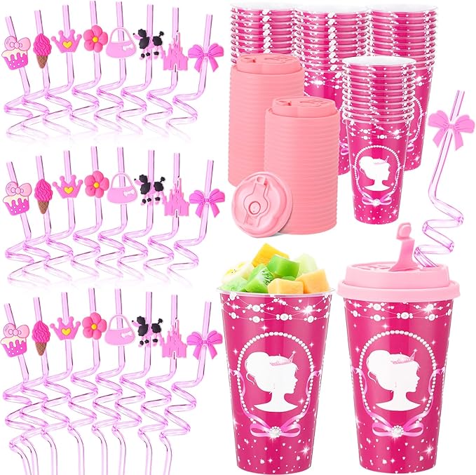 Yungyan 36 Sets Hot Pink Girl Party Favors Goodie Cups with Lids and Straws for Birthday Decorations Reusable 16oz Plastic Candy Cups Plastic Straws for Birthday Party (Pink Princess)