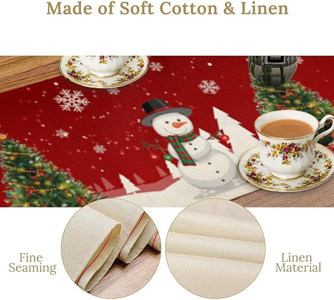 Christmas Table Runner,Snowman Rustic Red Snowflake Winter Table Cloth Kitchen Dining Table Decoration for Home Party Decor 13x120 Inch