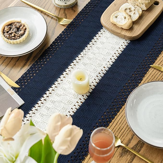 Artoid Mode Dark Blue Farmhouse Rustic Table Runner, Seasonal Hollow Kitchen Dining Table Decoration for Home Party Decor 12x90 Inch