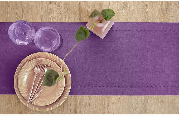 Solino Home Linen Purple Table Runner 60 Inches - Classic Hemstitch, 100% Pure Linen Coffee Table Runner 14 x 60 Inch Ideal for Dresser Tables - Fall, Autumn, Halloween, Thanksgiving, Holiday