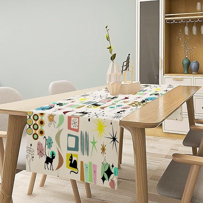 Colorful Geometric Table Runner,Vintage Mid Century Cute Cat Abstract Morden Print Tablecloth Burlap for Hotel Indoors Outdoor Dining Room Kitchen Home Decor, 13x60in