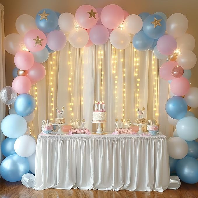 Fomcet Tulle Backdrop Curtains Ivory 30FT X 10FT Tulle Curtain with Lights String Sheer Backdrop Curtains for Parties Wedding Baby Shower Photo Shoot Decorations (6 Panels 5 x 10FT)