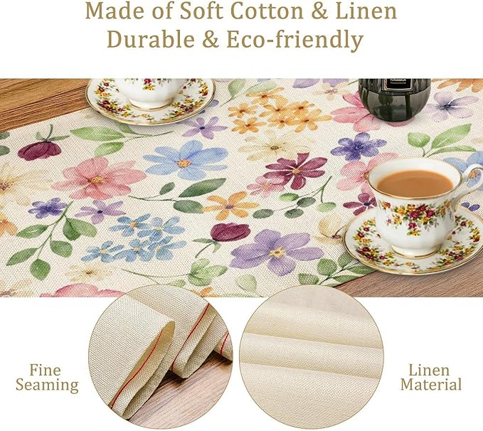 Floral Decorative Table Runner, Watercolor Floral Botanical Rustic Modern Style Pattern Printed Long Table Runner for Restaurant Kitchen Party,13in（33cm） W * 90in（229cm） L