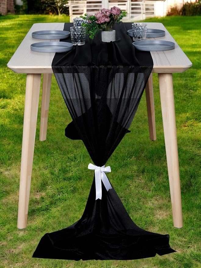 MDS Halloween Chiffon Table Runner - 10 Pack, 29 x 120 Inches, 10ft Each - Sheer Spooky Table Runners for Haunted House Parties, Trick-or-Treat Tables, Witchy Décor, Wedding & Events - Black