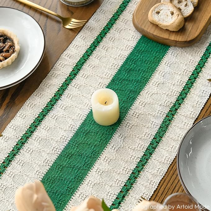 Artoid Mode Dark Green Farmhouse Woven Rustic Table Runner, Seasonal Holiday Hollow Kitchen Dining Table Decoration for Home Party Decor 12x108 Inch