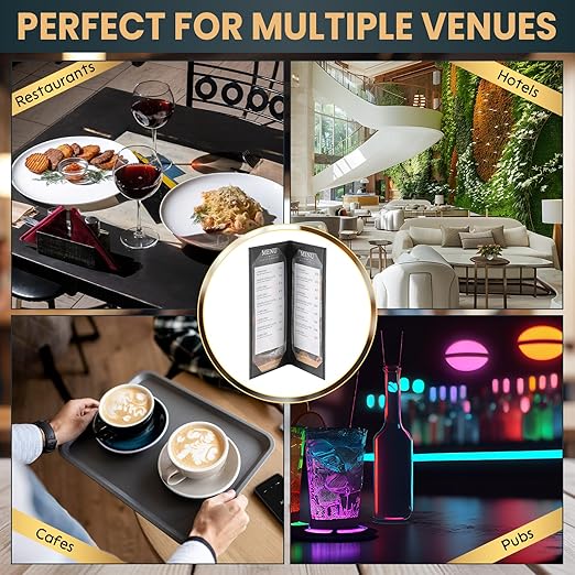 12 Pack 2 View Menu Holder Menu Covers 4.25" x 11" | Black Leather Menu Sleeves Book Style for Restaurant Coffee Bars Wine List