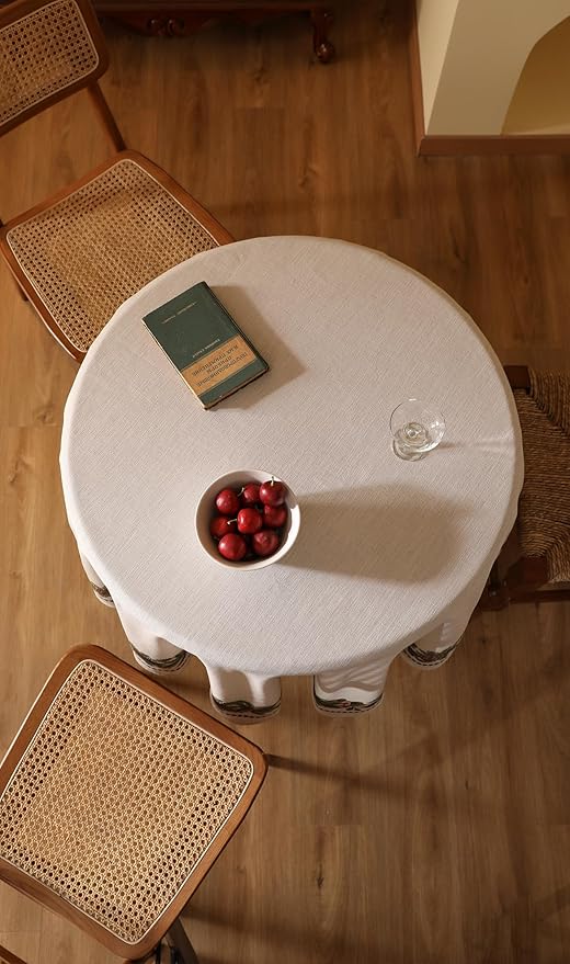 ISAENNE Designer Christmas Linen Round Tablecloth,Light Beige Western Elegant Table Cloth,Wrinkle Resistant Decor Tablecloths for Dining Thanksgiving Kitchen Christmas,Diameter 67"-Carol G
