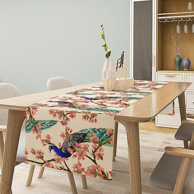 Peacock Table Runner,Spring Floral Peacock Birds Table Runner for Home Kitchen Dining Party Indoor Outdoor Decoration 13x60 Inch