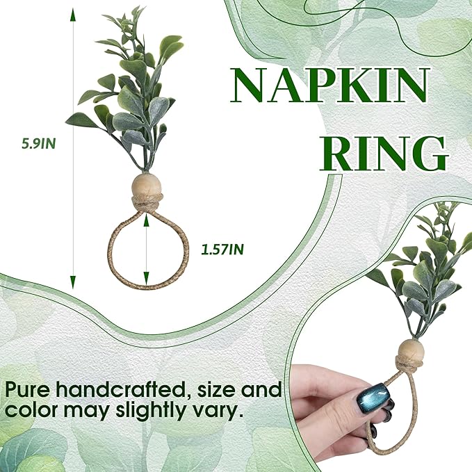 MAOANME Napkin Rings Set of 12, Rustic Eucalyptus Napkin Holder Rings with Wood Bead, Farmhouse Green Leaf Napkin Ring Bulk, Boho Napkin Ring for Wedding, Table Decor