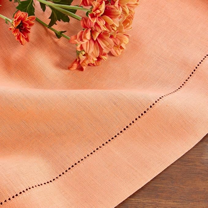 Solino Home Linen Tablecloth for Rectangle Tables 60 x 120 Inch - Classic Hemstitch 100% Pure Linen Coral Table Cloth - Machine Washable Cloth Tablecloth