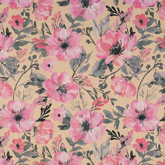 RUSPEPA Pink Wrapping Paper Roll, 17 in x 16.4 ft, Mini Roll, Floral Wrapping Paper, Kraft Gift Flower Paper for Women, Girls, Spring, Summer, Wedding and Engagement