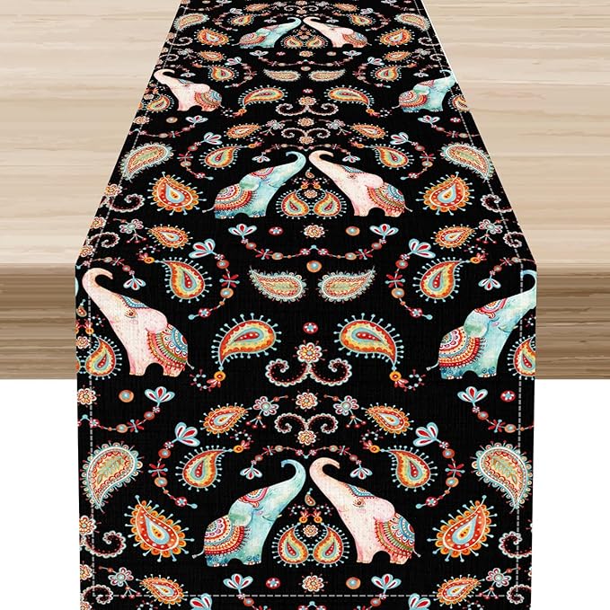 Boho Table Runner, Indian Bohemian Elephant Mandala Paisley Floral Hippie Art Print Table Center Decor for Home Kitchen Dining Patio Holiday Party Indoor Outdoor Table Decorations, 13"x108" Inch