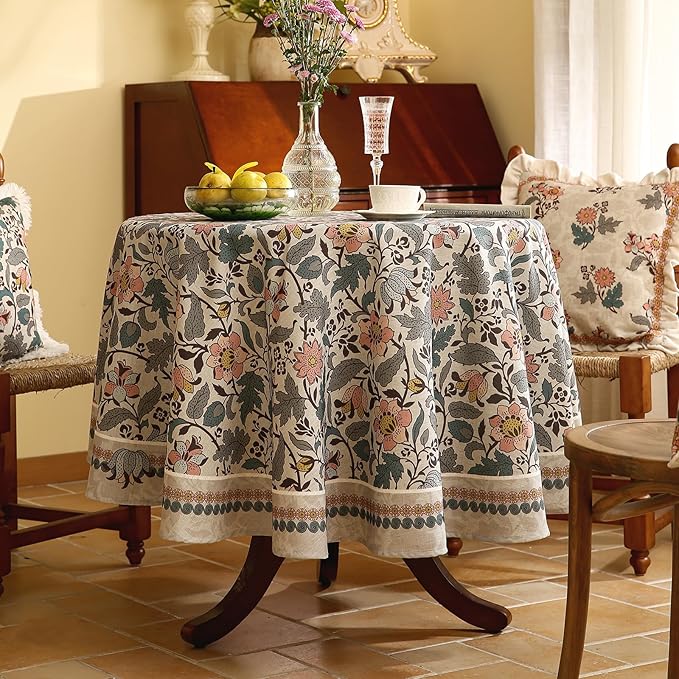 ISAENNE Designer Boho Floral Small Round Tablecloth,Linen Lotus Flower Pattern Colorful Table Cloth,Durable Decor Tablecloths for Dining Thanksgiving Kitchen Christmas,Diameter 55"-Hazel A