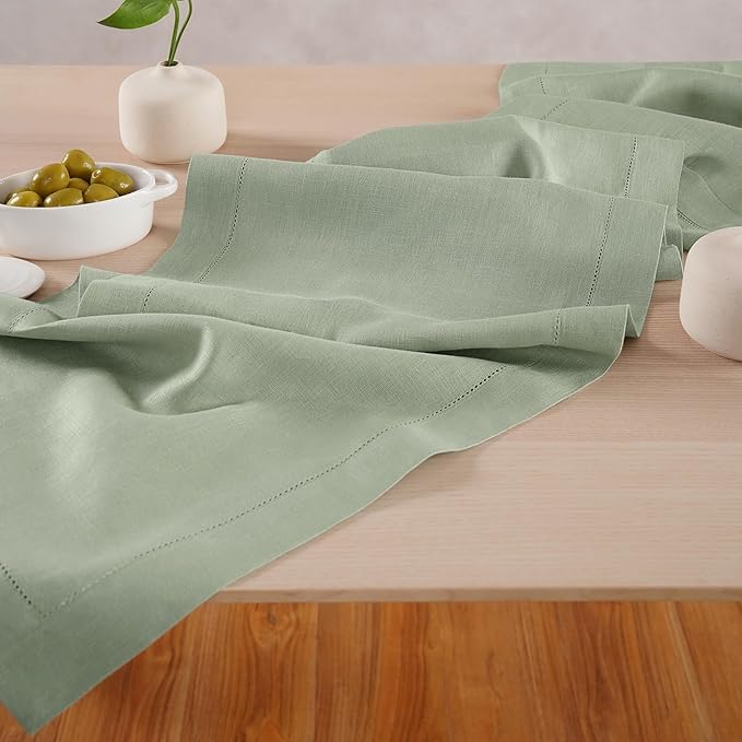 Linen Table Runner 72 inches Long – Hemstitch, 100% Pure Linen Sage Green Dining Table Runner 14 x 72 Inch for Spring, Summer, Wedding Decorations, Gift – Elara