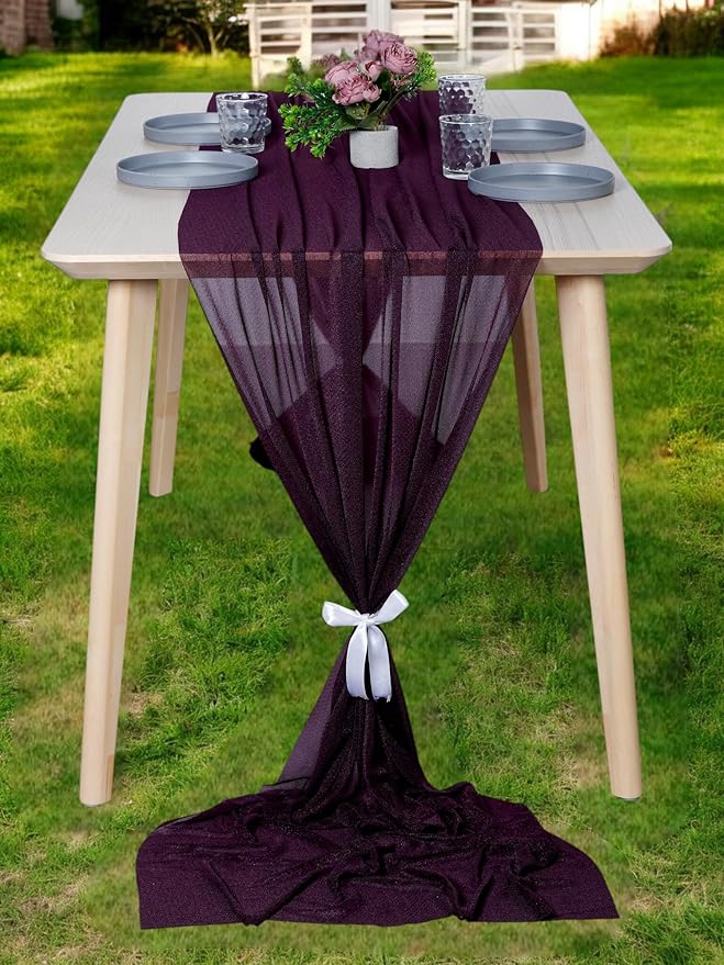 MDS Halloween Chiffon Table Runner - 15 Pack, 29 x 170 Inches, 14ft Each - Sheer Spooky Table Runners for Haunted House Parties, Trick-or-Treat Tables, Witchy Décor, Wedding & Events - Eggplant