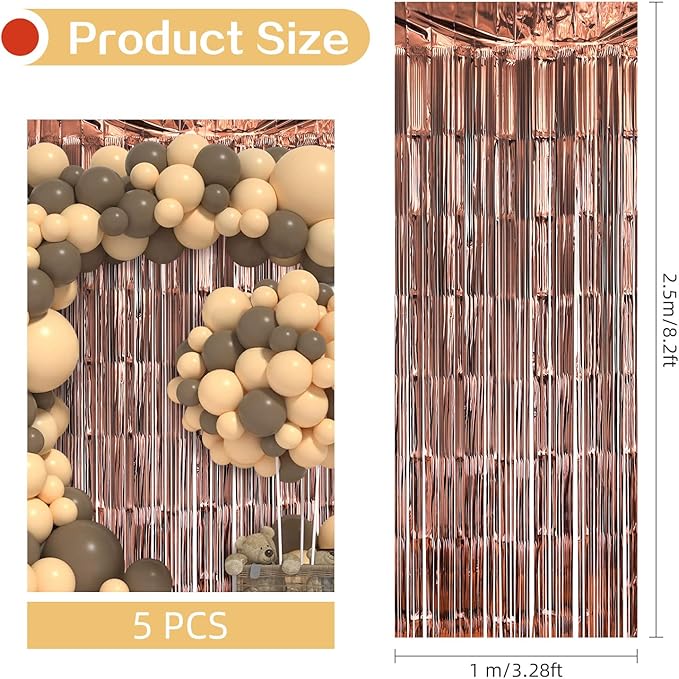 5 Pack Brown Fringe Backdrop 3.2ft x 8.2ft Silver Foil Fringe Curtains Party Tinsel Curtain Backdrop Streamers for Birthday Party Decoration Wedding Christmas Decoration (Brown)