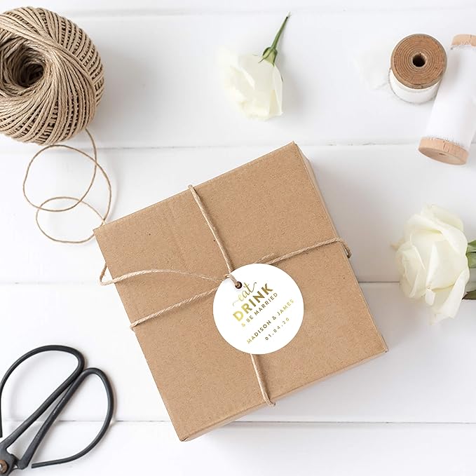 Andaz Press Personalized Round Circle Wedding Gift Tags, Metallic Gold Ink, Eat Drink and Be Married, 24-Pack, Custom Made Any Name