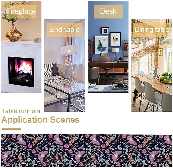 Moth Table Runner, Boho Aesthetic Moth Magic Table Runner for Home Kitchen Dining Party Indoor Outdoor Decoration 13x60 Inch