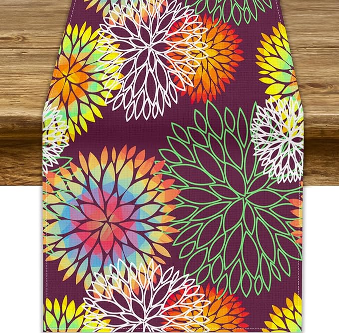 Brown Dahlia Flower Table Runner, Linen Geometric Pattern Floral Table Decor Spring Farmhouse Decorations for Kitchen Dining Holiday Party Decor, 13x108 Inch