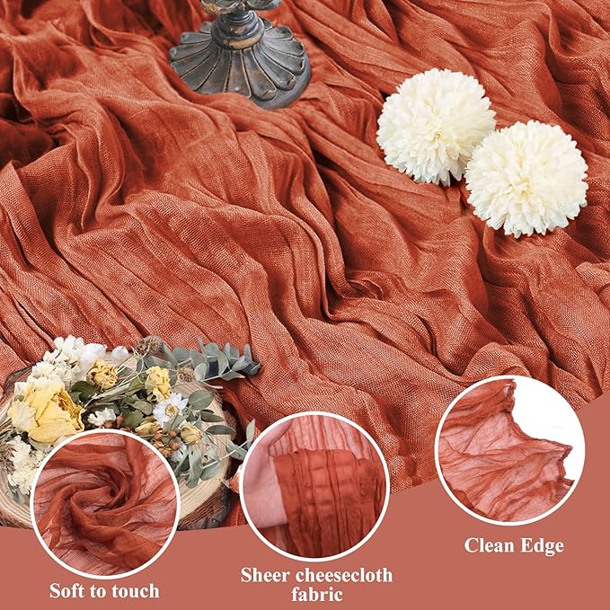 Asee'm 6pcs Cheesecloth Table Runner 120 Inches Long Terracotta Boho Gauze Cheese Cloth Runner 10FT Rustic Sheer Fall Table Runners for Thanksgiving Christmas Wedding Party Baby Shower Decoration