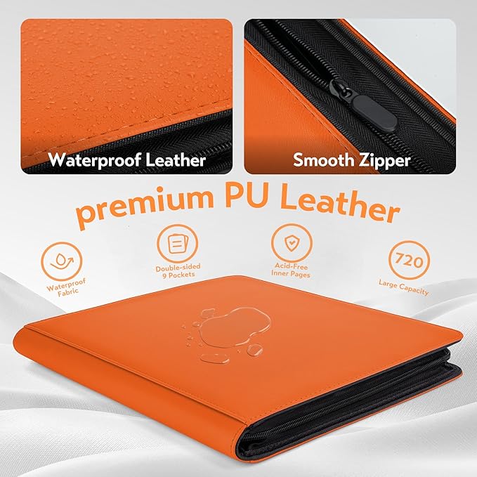 SMYV 12 Pocket Trading Card Binder, Premium PU Cover Card Binder for 720 Cards, Ringless Side Loading Card Collection Album Folders for MTG, TCG, Game Cards & Sports Cards (Orange)