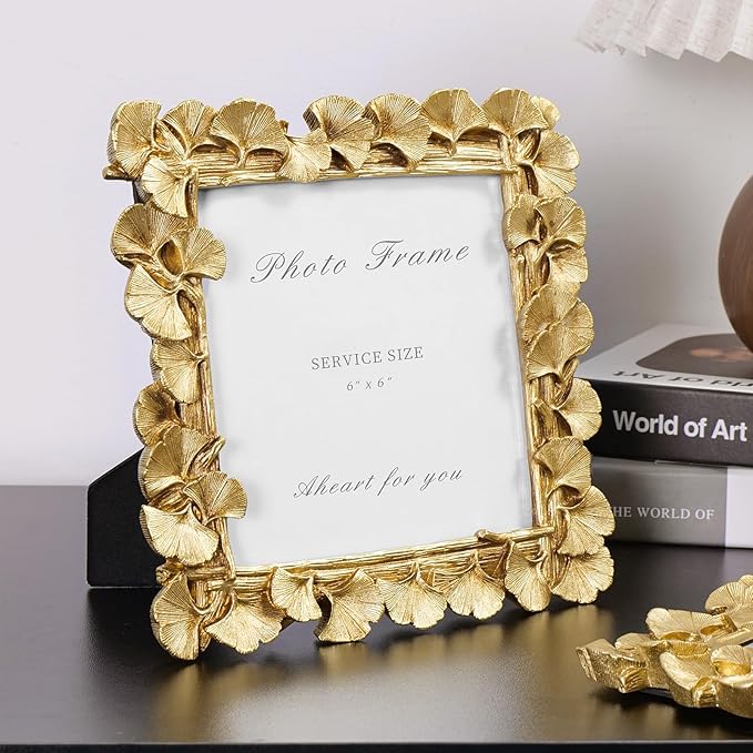 Cuspin Vintage Picture Frame 6x6 Gold Frames, Gold Ornate Leaf Textured Hand-Crafted Resin with Glass Front Antique Photo Frame for Tabletop Display, Retro Design Home Decor
