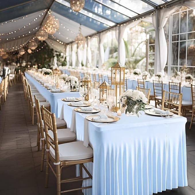 Wish Care 6 Pack Baby Blue Spandex Table Clothes for 6 Foot Rectangle Tables, 6FT Wrinkle Free Fitted Tablecloths Ruffles Design Table Cover for Party, Banquet, Wedding and Events
