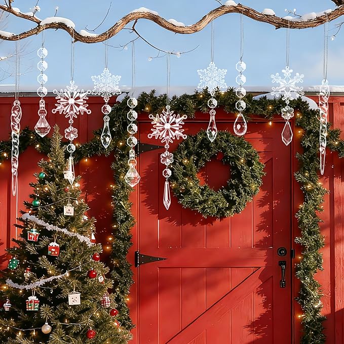 30pcs Christmas Ornaments Set for Tree- Hanging Acrylic Crystal Snowflake Icicle Drop Christmas Decorations for Winter Christmas Tree New Year Party Supplies