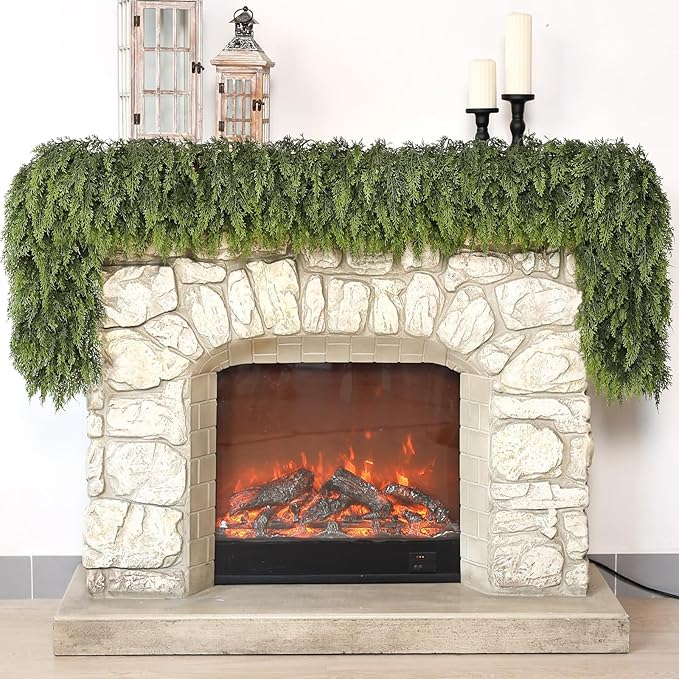 Real Touch Cedar Garland - Artificial Christmas Garlands Faux Green Cedar Fake Pine Needles Garland for Fireplace,Table, Stairs, Mantle, Window,Indoor Outdoor,Home,Holiday Decor(2 PCS,9 FT)