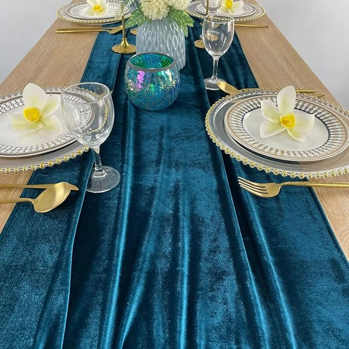 Luxurious Velvet Table Runner, 10ft Wedding Reception Decorations, 20x120inch Soft Velvet Fabric, Table Linen Overlay, Wedding Table Runners (Teal Blue, 20X120inch, 2pack)