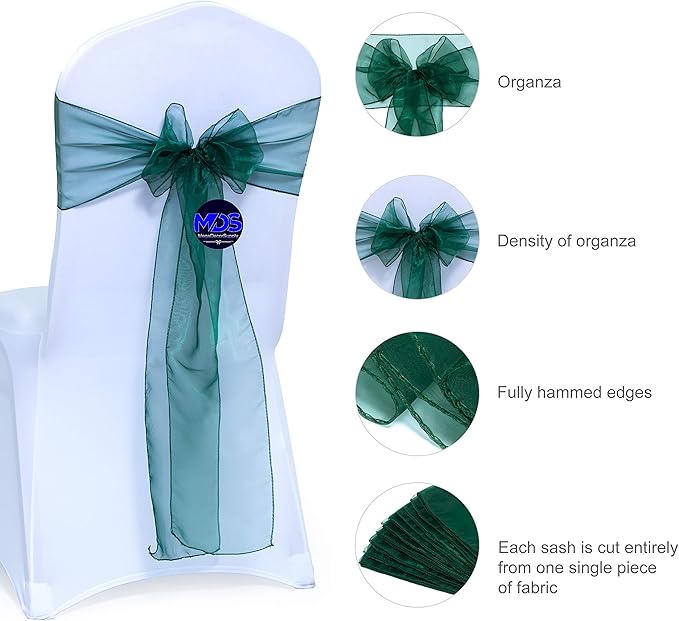 MDS Pack of 200 PCS Organza Chair Sashes Wider Dining Chair Bows Ribbon Tie Back for Wedding Party Birthday Bridal Shower Reception Event Banquet Home Chair Cover Decoration - Hunter Green