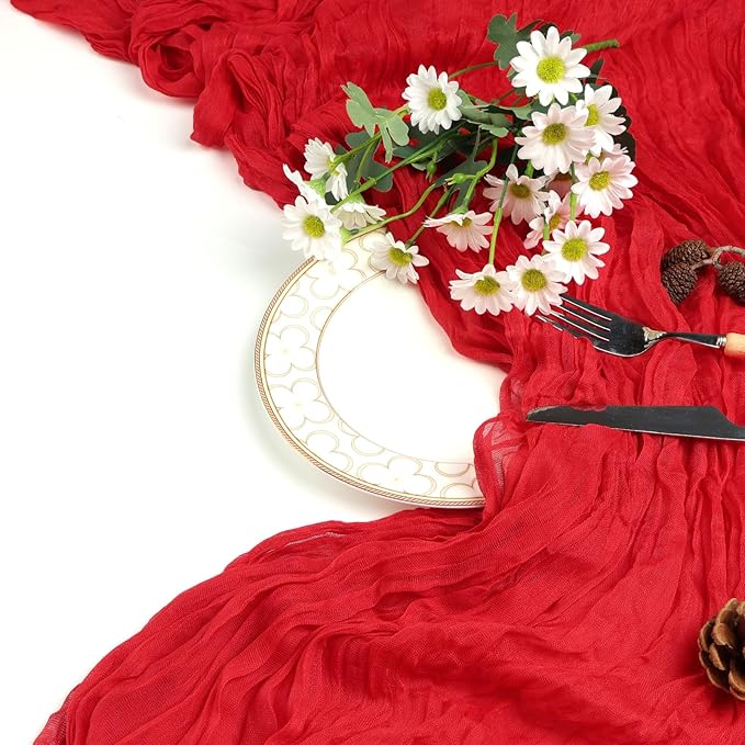 12 Pack Red Cheesecloth Christmas Table Runner 10ft Boho Gauze Fabric Cheese Cloth Table Runner 35 x 120 Inch Rustic Sheer Runner for Wedding Home Decor Holiday Party Table Centerpiece Decoration