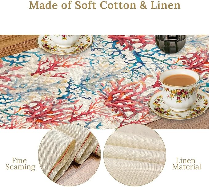 Blue Beach Table Runner, Tropical Ocean Coast Table Runner, Seashell Seasonal Nautical Restaurant Coffee Table Decorations for Home Holiday Party Indoor Outdoor 13x36 Inch
