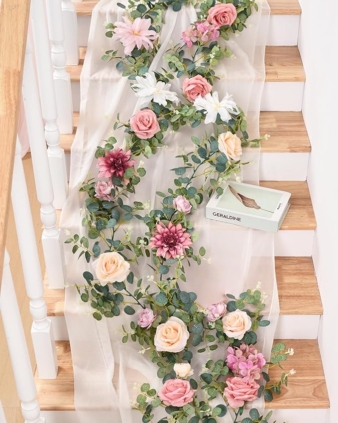 Waipfaru Flower Garland Decorations, 6.07Ft Pink Floral Rose Garland, Artificial Eucalyptus Greenery Vines with Flowers for Wedding Table Runner Centerpieces Backdrop Room Decor (Pink)