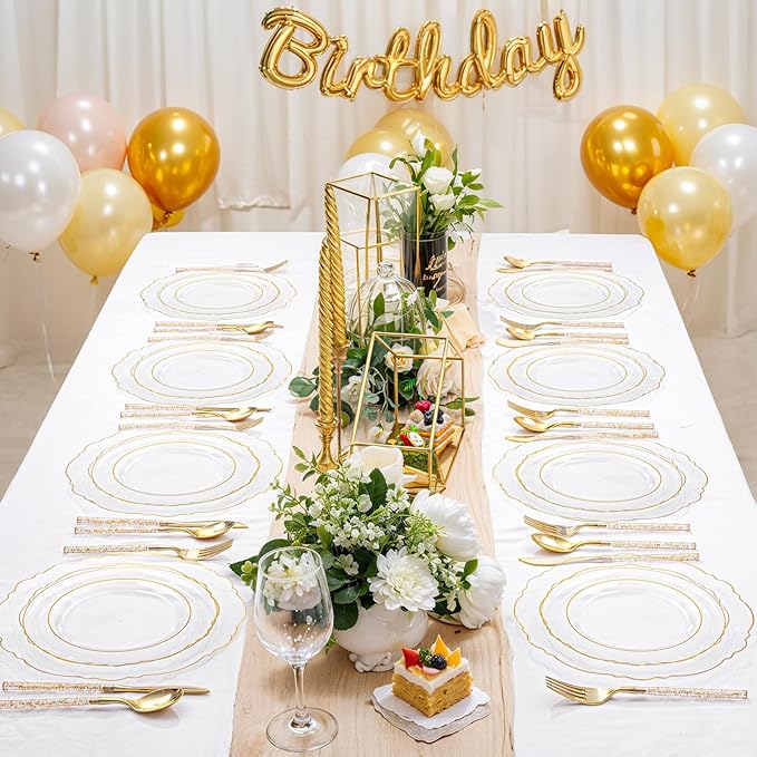 Liacere 150PCS Clear Gold Plastic Plates - Disposable Plastic Silverware with Glitter Bamboo Handle Cutlery-Baroque Clear Gold Disposable Plates for Wedding & Party & Thanksgiving &Fall Decor