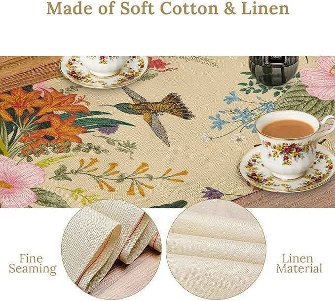 Brown Bird Floral Table Runner Spring Flower Kitchen Table Decoration Suitable for Family Dinner Decoration 13x120 Inch
