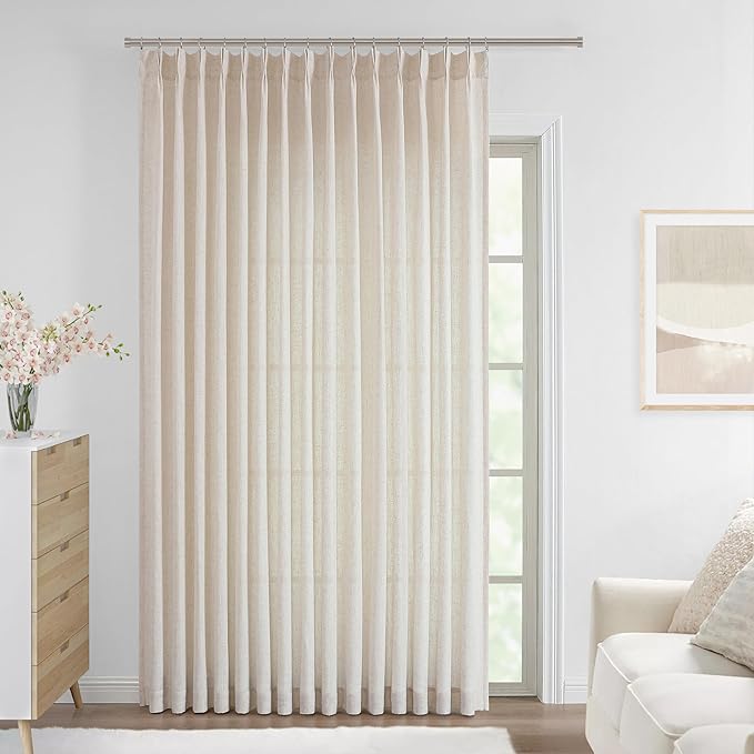 Vision Home Natural Pinch Pleated Semi Sheer Curtains Textured Linen Blended Light Filtering Window Curtains 102 inch for Living Room Bedroom Patio Pinch Pleat Drapes with Hooks 1 Panel 84" Wx102 L